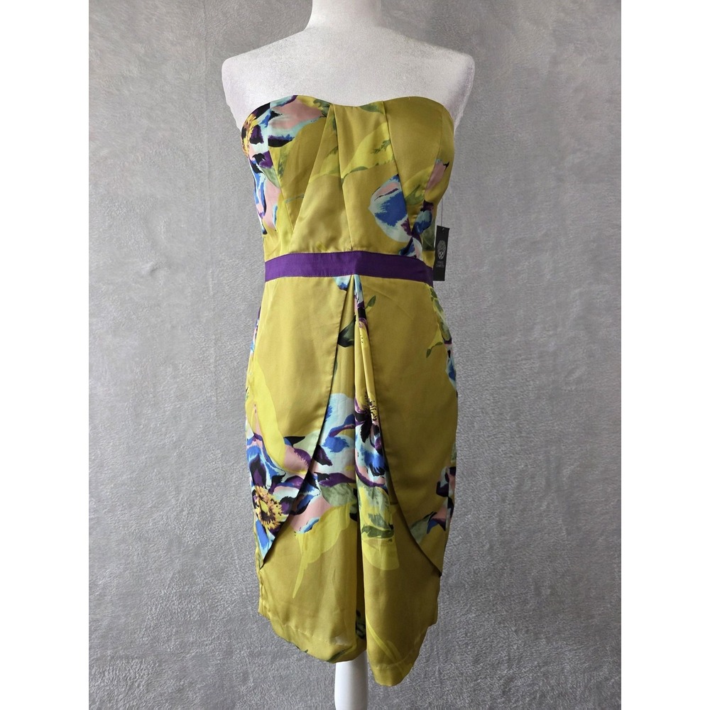 NWT Vince Camuto Dress Womens 10 Green Floral Strapless Pleated Party Cocktail